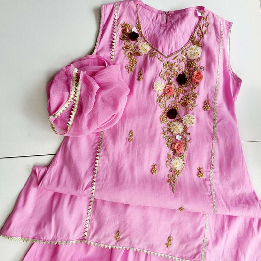 Pakistani Girl Embroidered Shalwar Kameez | Girls Lawn 3Piece Embroidered Sharara Kameez | Girl Full Embroidered Shirt with Sleeves (Inside)