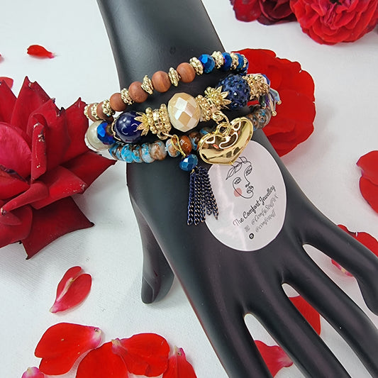 Pair of Red & Blue Beads Stacking Bracelets || Beaded Stretch Charm Bracelet || Set of 3 layering Bracelets || Tropical Boho Vintage