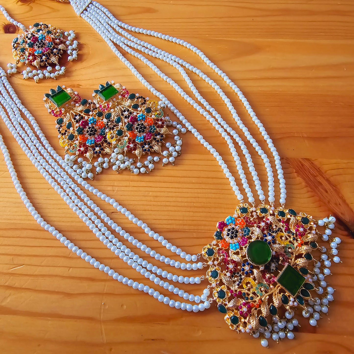 Pearl Maala Kundan Pendant Set with Zirconia || Long Dangled Jhumkas with Nauratan Maala