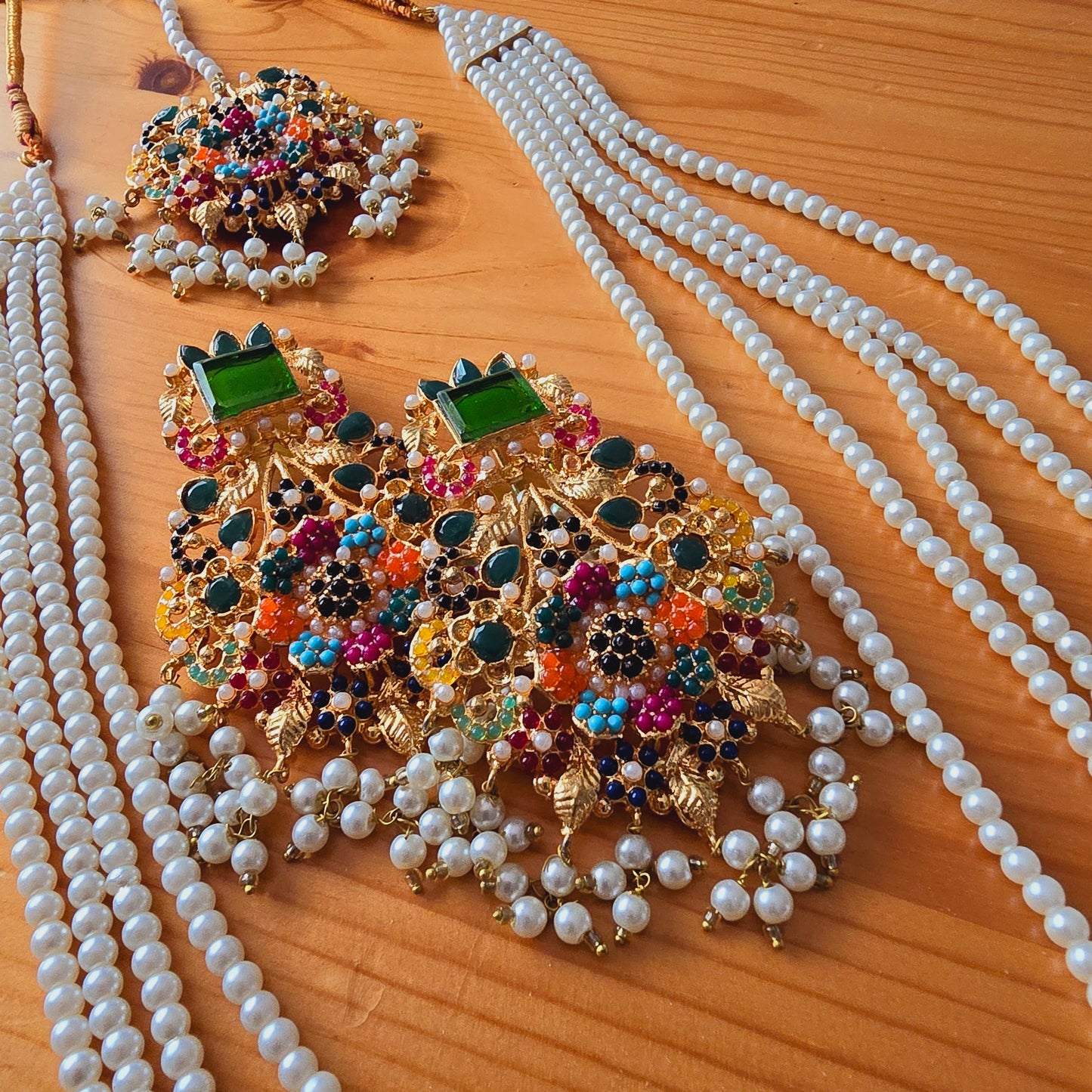 Pearl Maala Kundan Pendant Set with Zirconia || Long Dangled Jhumkas with Nauratan Maala