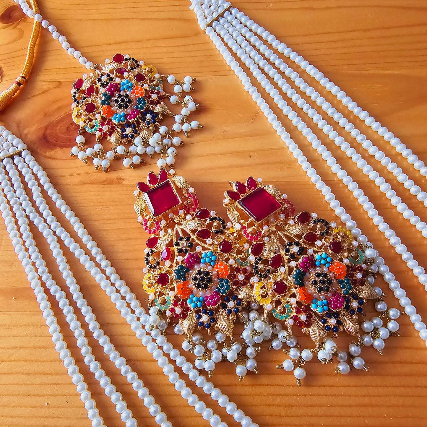 Pearl Maala Kundan Pendant Set with Zirconia || Long Dangled Jhumkas with Nauratan Maala