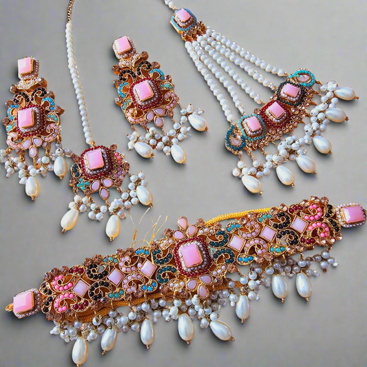 Kundan Choker Set || Tea Pink Jhumar Teeka Neckline Bridal Set