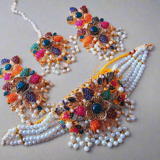 Kundan Choker Set with Zirconia || Indian/ Pakistani/ Asian Neckline Set with Long Jhumkas