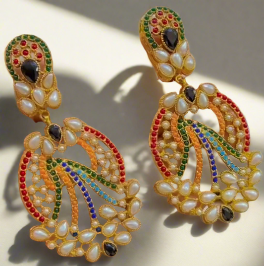Nauratan Earrings Gold Plated Premium Quality / Indian Pakistani Shaadi Jhumkas