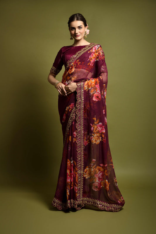 Floral Print Saree with Scalloped Border