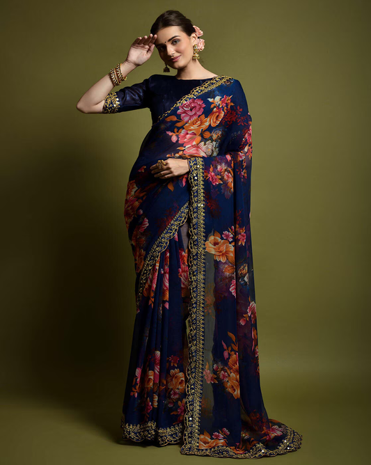 Floral Print Georgette Saree with Aari Work Lace Border